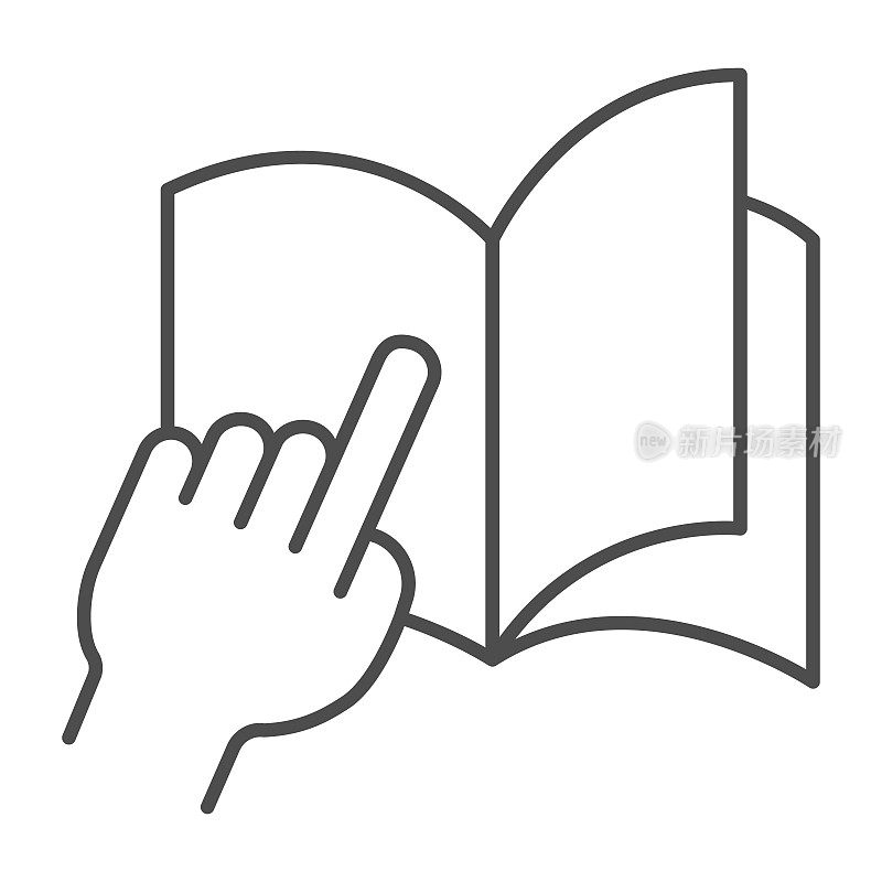 Palm points to a page in a notebook thin line icon, concept, education open book with hand pointing sign on white background, palm and notebook icon in outline style. Vector graphics.